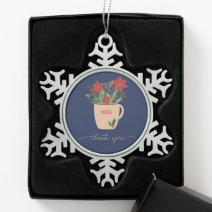 Custom Name Thank You at Christmas Poinsettias Snowflake Pewter Christmas Ornament