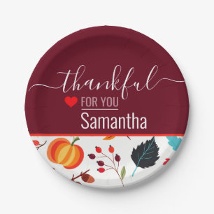 Custom Name Thankful for You Maroon Thanksgiving Paper Plate