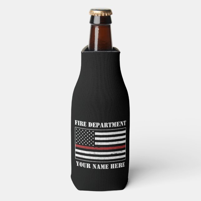 Custom Name Thin Red Line Flag Proud Firefighter Bottle Cooler (Bottle Front)
