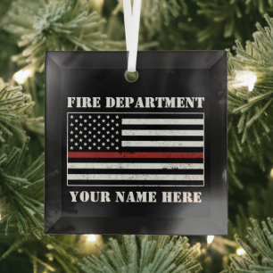 Custom Name Thin Red Line Flag Proud Firefighter Glass Tree Decoration