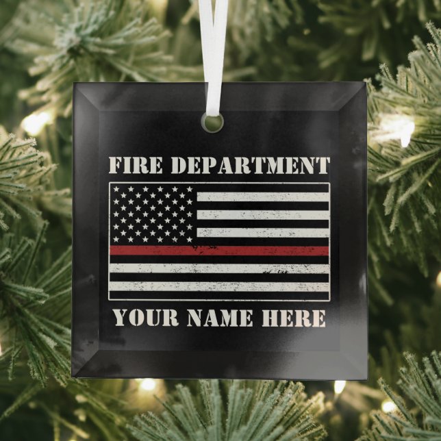 Custom Name Thin Red Line Flag Proud Firefighter Glass Tree Decoration (Insitu)