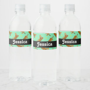 Custom name tigers on green pattern water bottle label