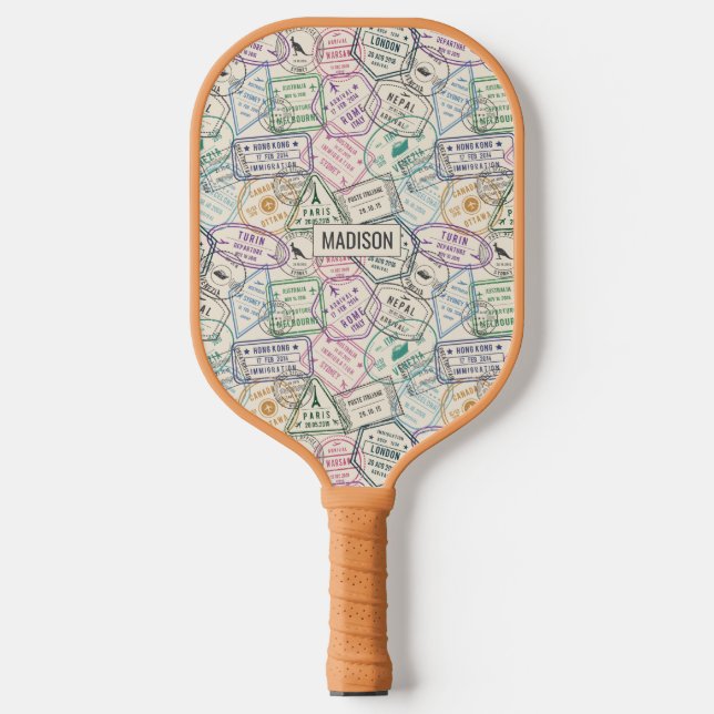 Custom name Travel Stamps Pattern Pickleball Paddle (Front)