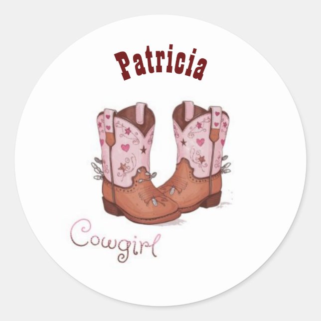 Custom Name Trendy Cute CowGirl Boots Pink Brown Classic Round Sticker (Front)