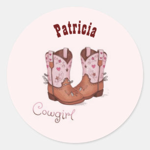 Custom Name Trendy Cute CowGirl Boots Pink  Classic Round Sticker