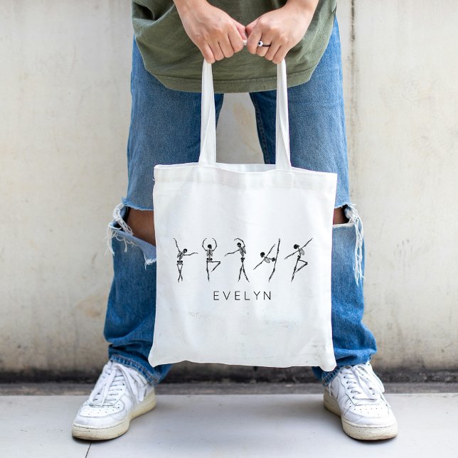 Custom Name Trendy Skeleton Dancer Ballet Tote Bag (Custom Name Chic Dry Bones Dancer Tote Bag)