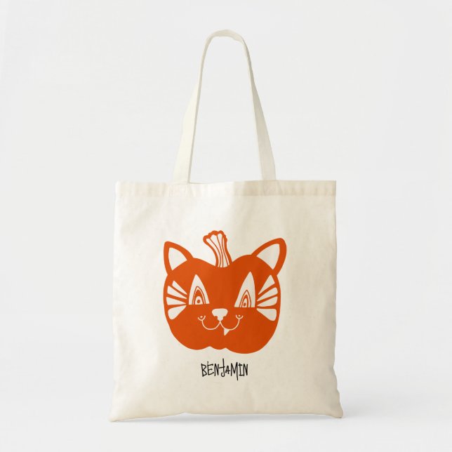 Custom Name Trick or Treat Bag Cat Pumpkin (Front)