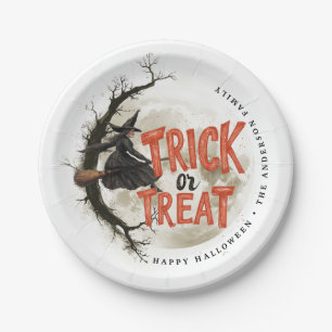 Custom Name Trick or Treat Vintage Witch Halloween Paper Plate