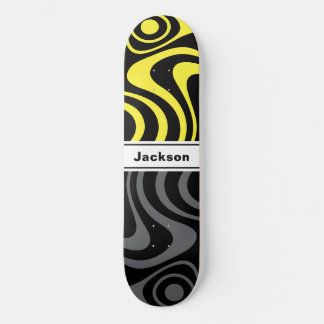 Custom Name Trippy Wavy 70s Retro Yellow Grey Skateboard