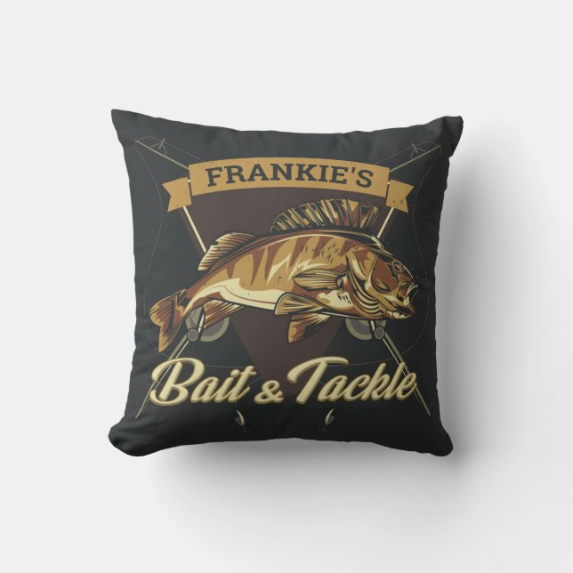 Custom NAME Trophy Fishing Angler Bait Tackle Shop Cushion (Front)