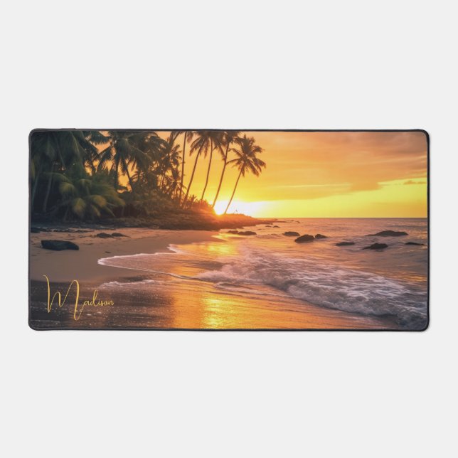 Custom Name Tropical Beach Sunset Desk Mat (Front)
