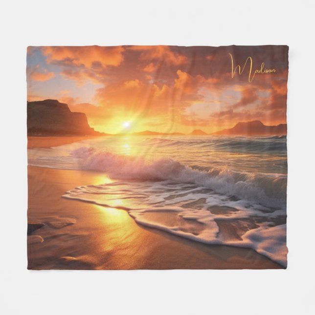 Custom Name Tropical Beach Sunset Fleece Blanket (Front (Horizontal))
