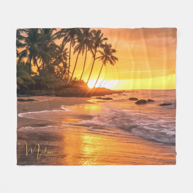 Custom Name Tropical Beach Sunset Fleece Blanket (Front (Horizontal))