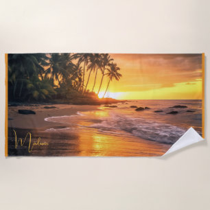 Custom Name Tropical Beach Sunset Towel