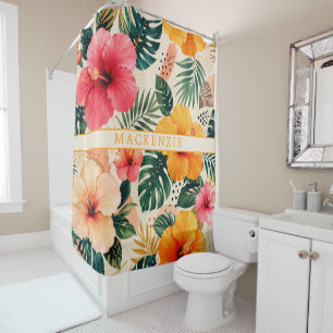 Custom Name Tropical Hibiscus Floral Pattern Shower Curtain