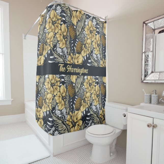 Custom Name Tropical Leafs and Flowers Pattern Shower Curtain (In Situ)