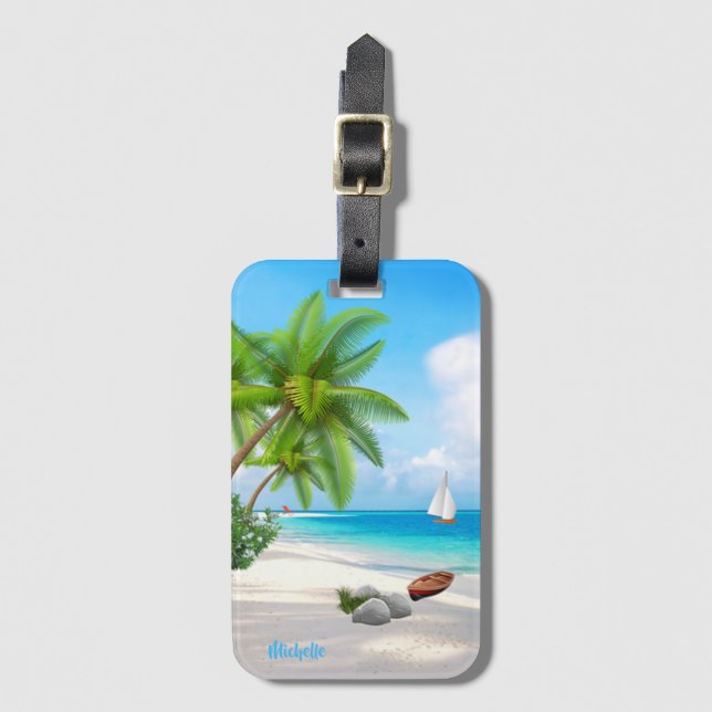 Custom Name / Tropical Sandy Beach Luggage Tag (Front Vertical)
