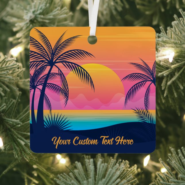 Custom Name Tropical Sunset Metal Tree Decoration (Insitu)
