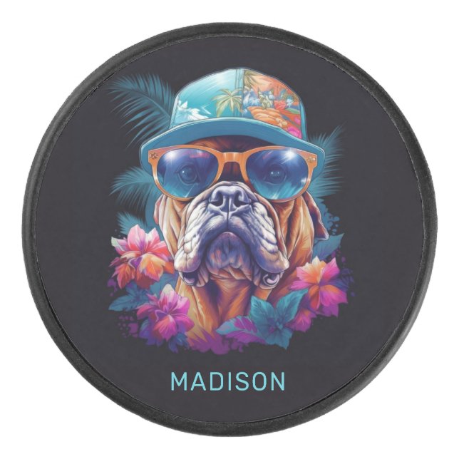 Custom Name Tropical Vacation Dog Hockey Puck (Front)