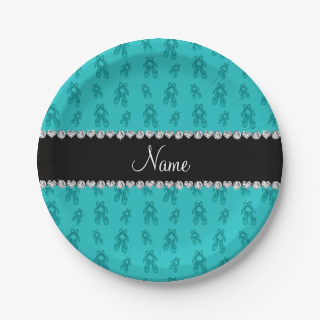 Custom name turquoise ballet shoes paper plate (Front)
