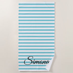 Custom name turquoise blue & white striped pattern beach towel