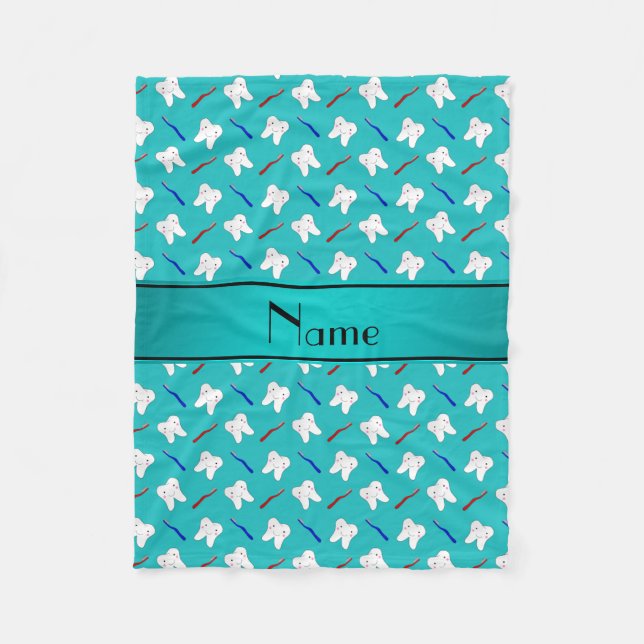 Custom name turquoise brushes and tooth pattern fleece blanket (Front)