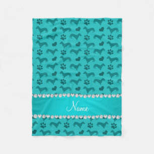 Custom name turquoise dachshunds hearts paws fleece blanket