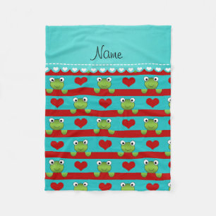 Custom name turquoise frogs red hearts stripes fleece blanket