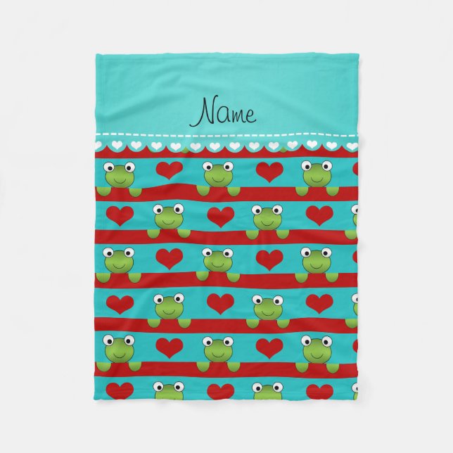 Custom name turquoise frogs red hearts stripes fleece blanket (Front)