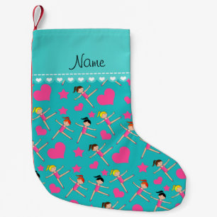 Custom name turquoise girl gymnasts hearts stars small christmas stocking