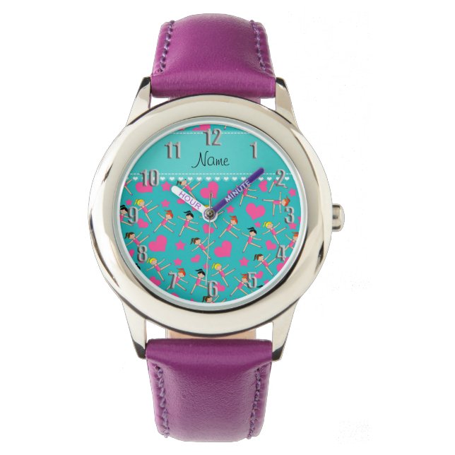 Custom name turquoise girl gymnasts hearts stars watch (Front)
