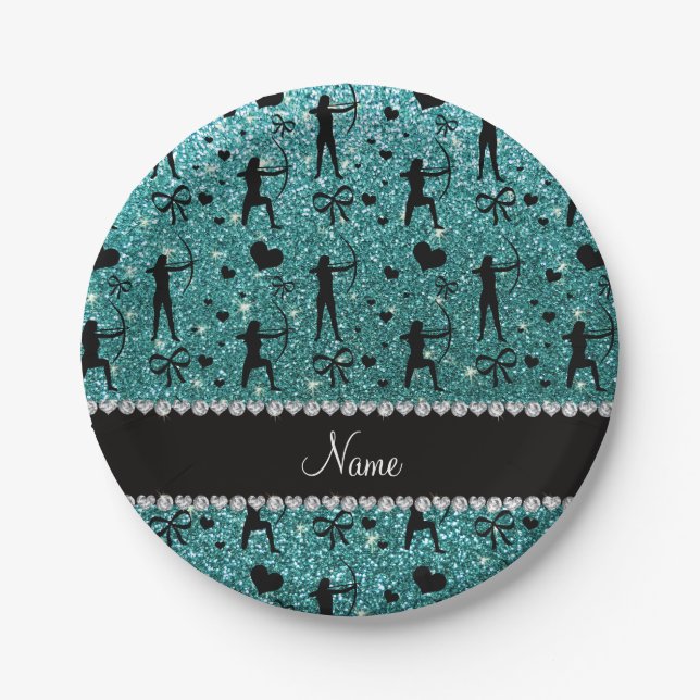 Custom name turquoise glitter archery paper plate (Front)