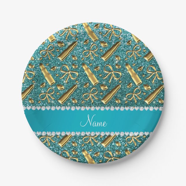 Custom name turquoise glitter gold lipstick paper plate (Front)