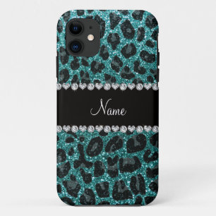 Custom name turquoise glitter leopard print iPhone 11 case