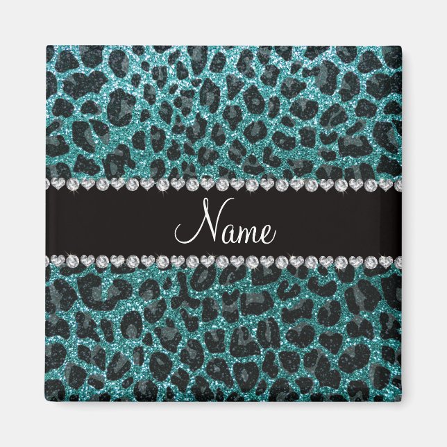 Custom name turquoise glitter leopard print magnet (Front)