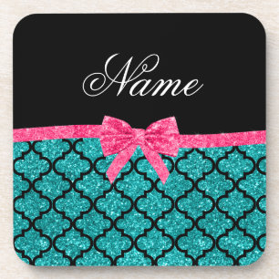 Custom name turquoise glitter moroccan pink bow coaster