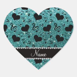 Custom name turquoise glitter music notes hearts heart sticker