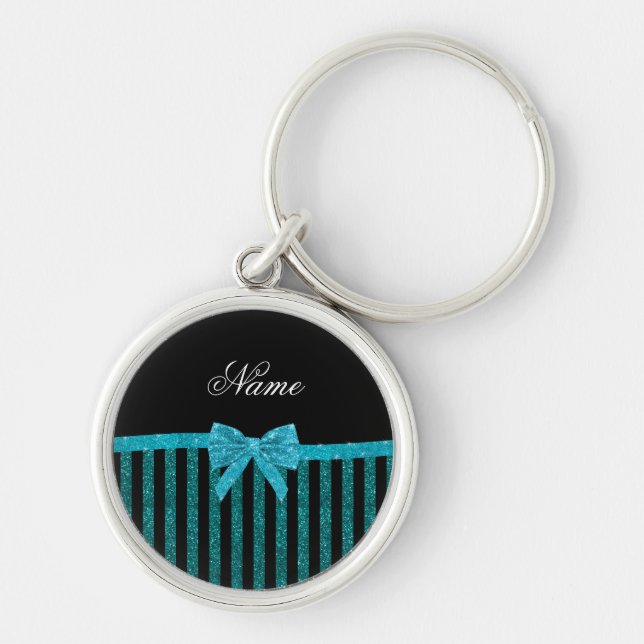 Custom name turquoise glitter stripes bow key ring (Front)