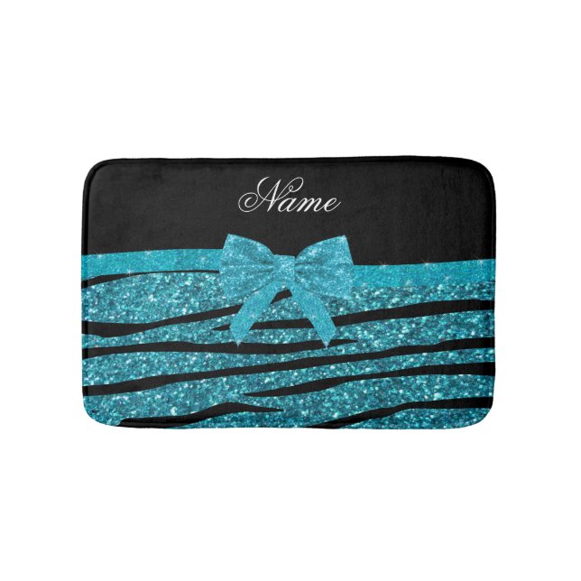 Custom name turquoise glitter zebra stripes bows bath mat (Front)