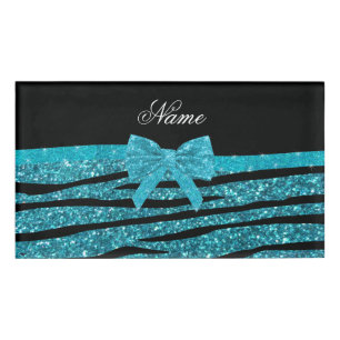Custom name turquoise glitter zebra stripes bows name tag
