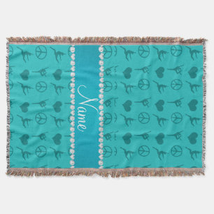 Custom name turquoise gymnastics hearts peace sign throw blanket