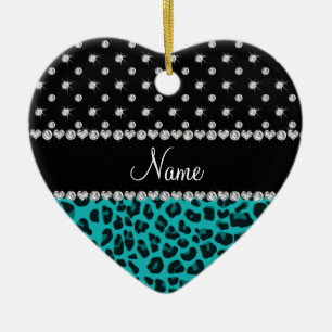Custom name turquoise leopard black diamonds ceramic tree decoration