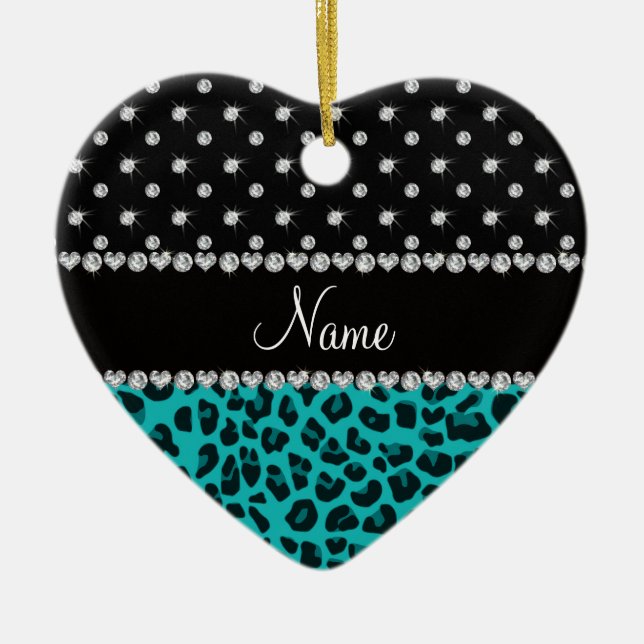 Custom name turquoise leopard black diamonds ceramic tree decoration (Front)