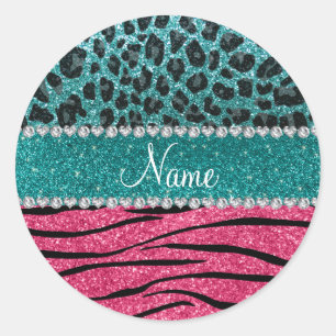 Custom name turquoise leopard pink glitter zebra classic round sticker