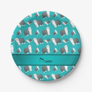 Custom name turquoise Old English Sheepdog dogs Paper Plate