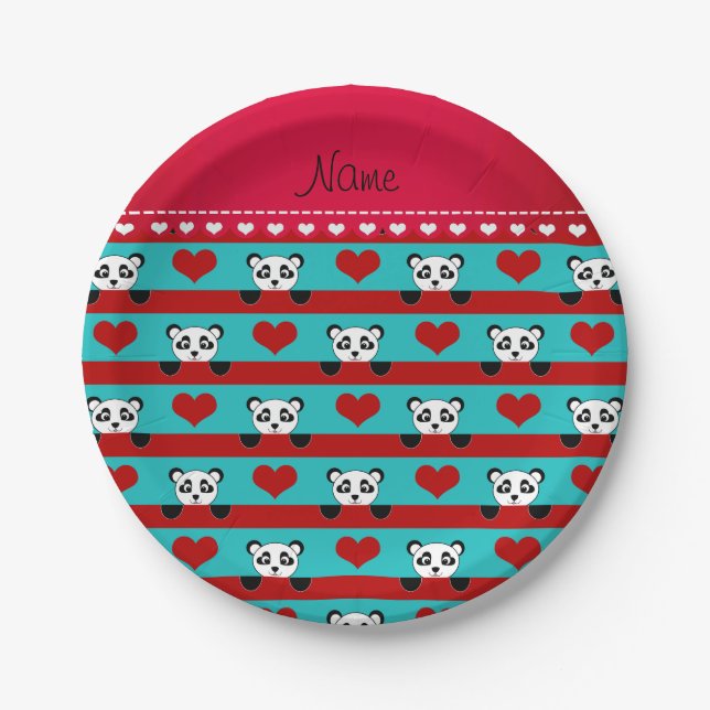 Custom name turquoise panda red heart stripes paper plate (Front)