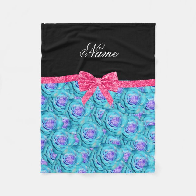 Custom name turquoise roses pink glitter bow fleece blanket (Front)