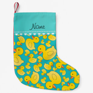 Custom name turquoise rubberducks blue stripe small christmas stocking