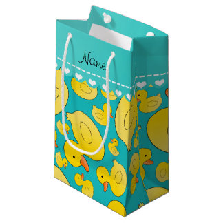 Custom name turquoise rubberducks blue stripe small gift bag
