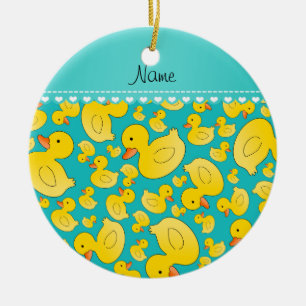 Custom name turquoise rubberducks heart stripe ceramic tree decoration